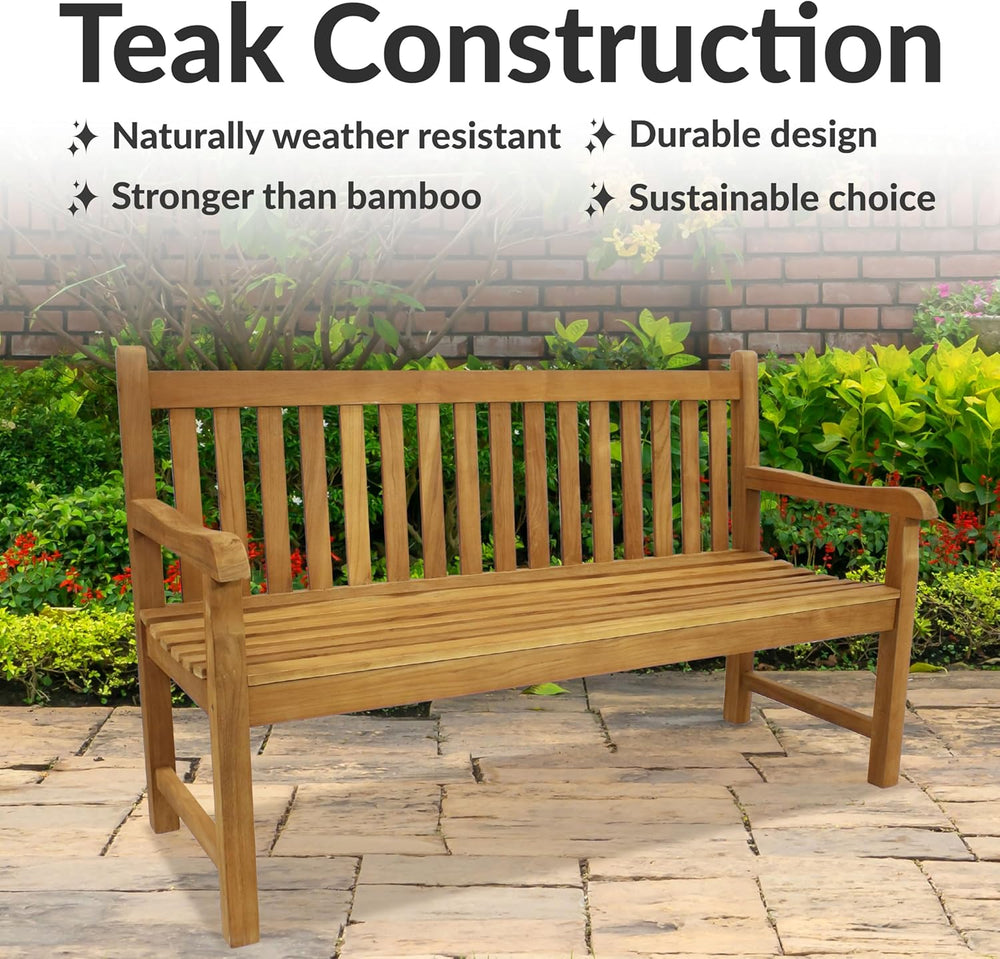 Sunnydaze Wooden Outdoor Teak Bench with Backrest, 59” W, Light Brown
