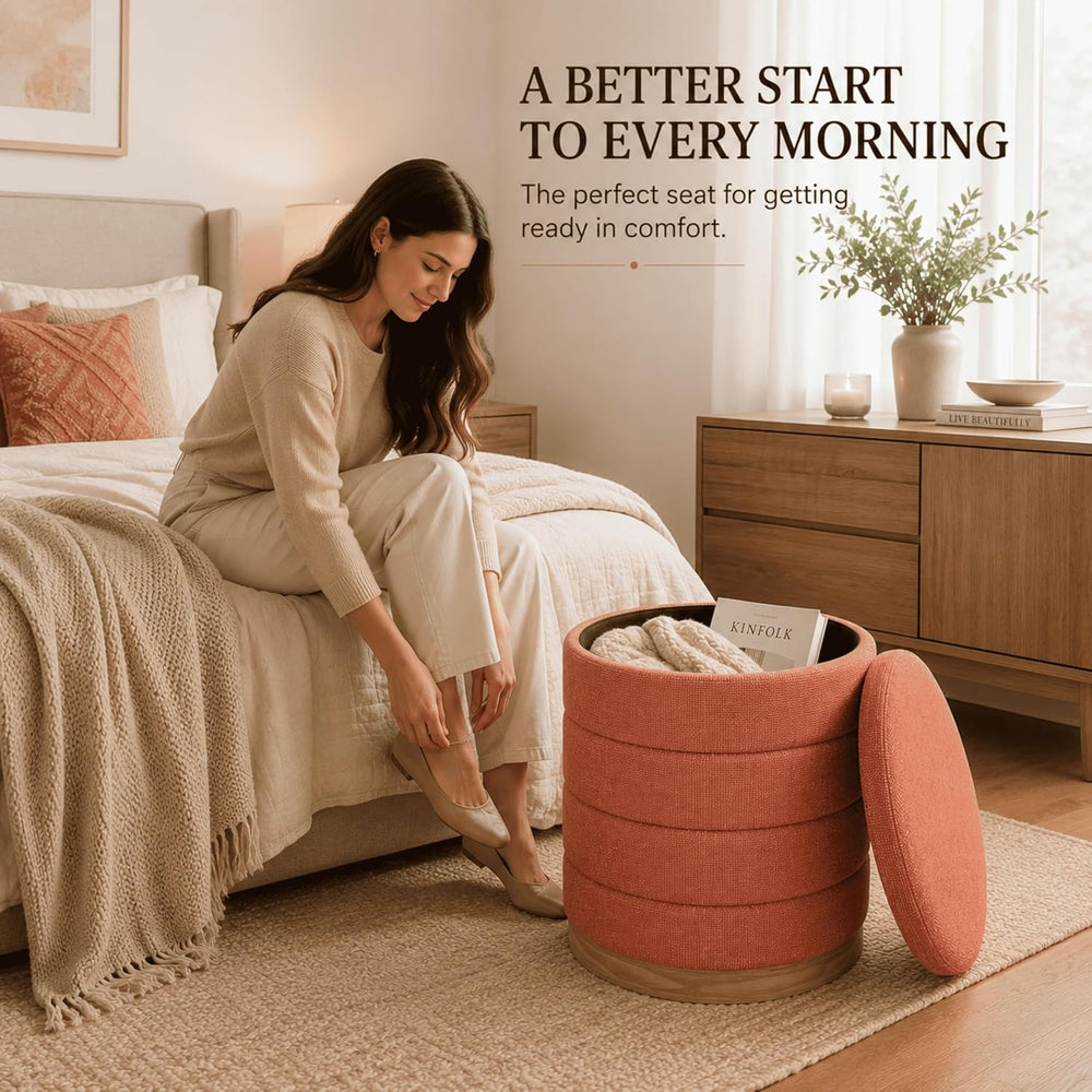 Linen Storage Ottoman Round Footrest with Hidden Storage, Coral Orange 16&quo...