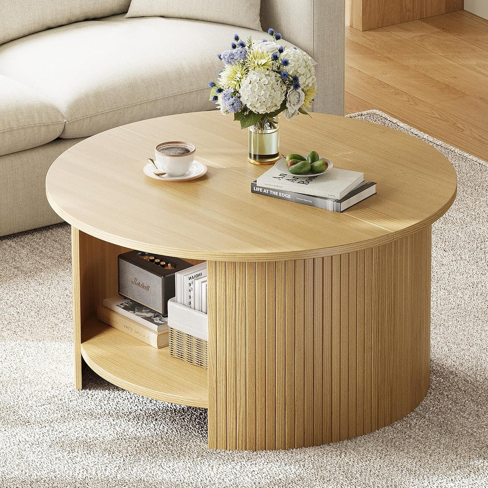 Round Coffee Table with Storage, 31.5" Modern Fluted Center Table, 2-Tie...