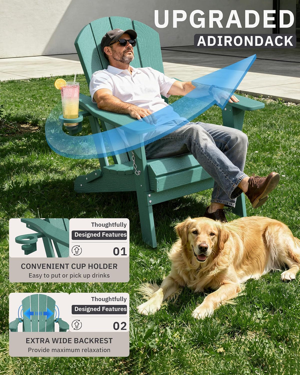AreShark HDPE Folding Adirondack Chair with Cup Holder, Aruba