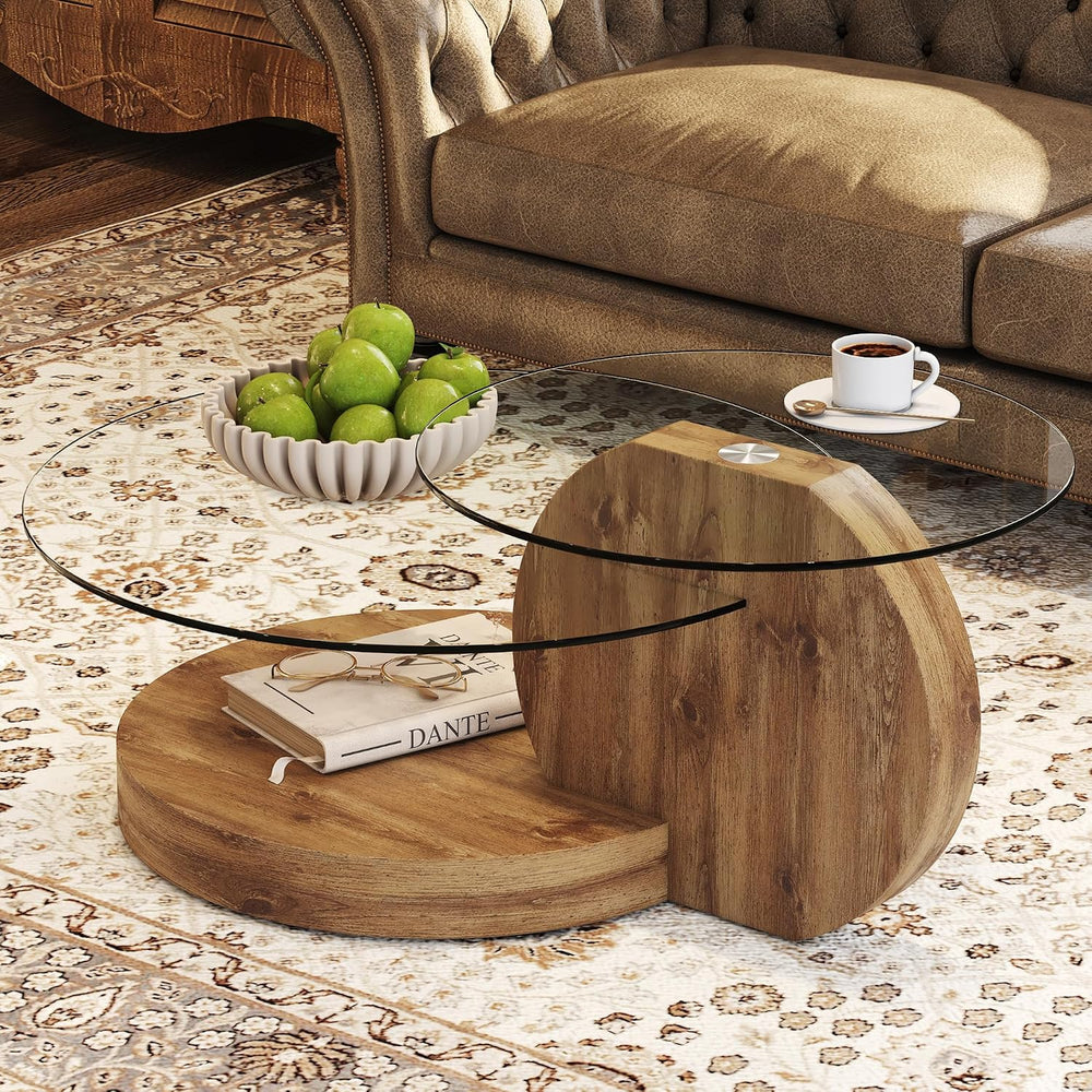 35.4" Glass Coffee Table, Small Round Coffee Table, 2-Tier Tempered Glas...