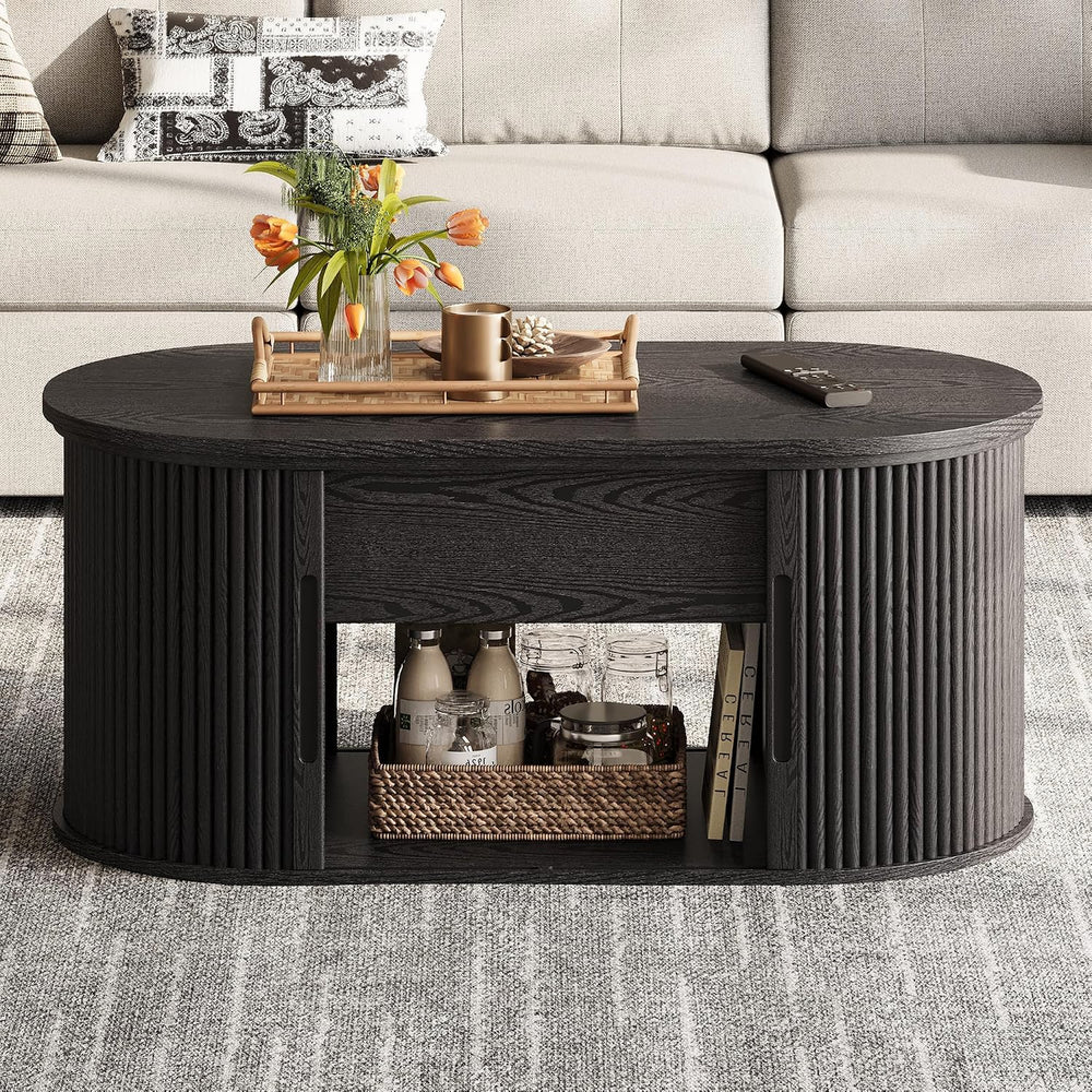 LINSY Lift Top Coffee Table, Oval Fluted Coffee Table with Storage, Mid Centu...