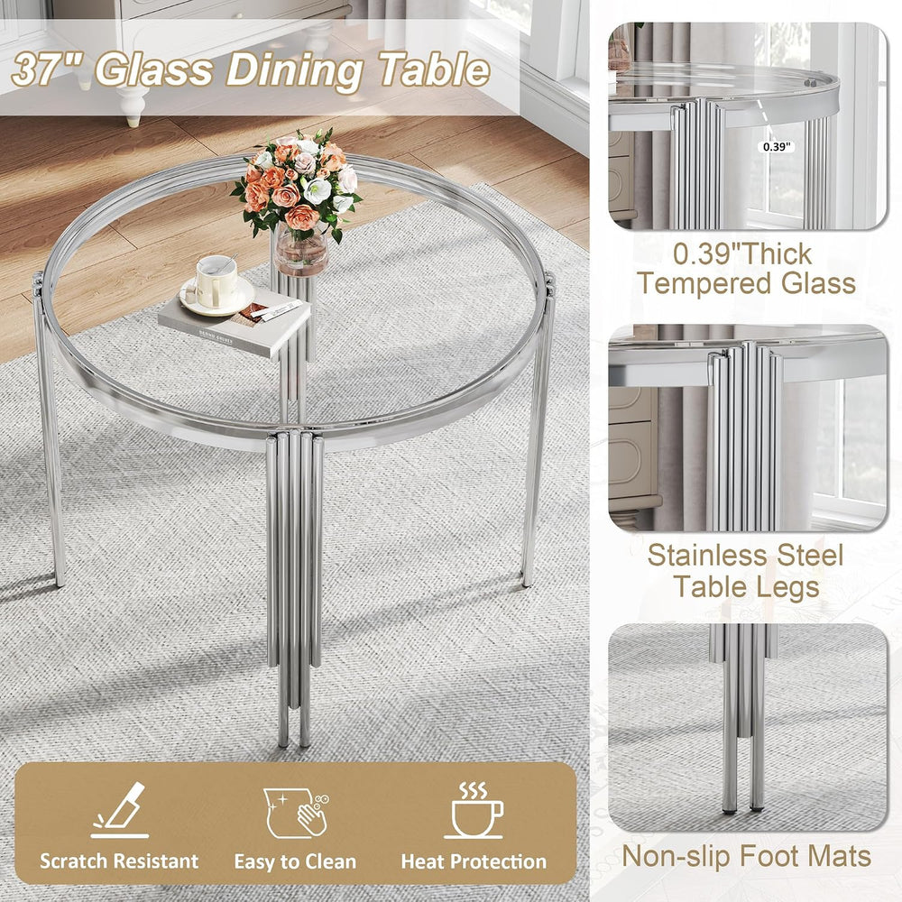 Luxury Round Glass Silver Dining Table Set for 4, 5-Piece Modern Kitchen Tabl...
