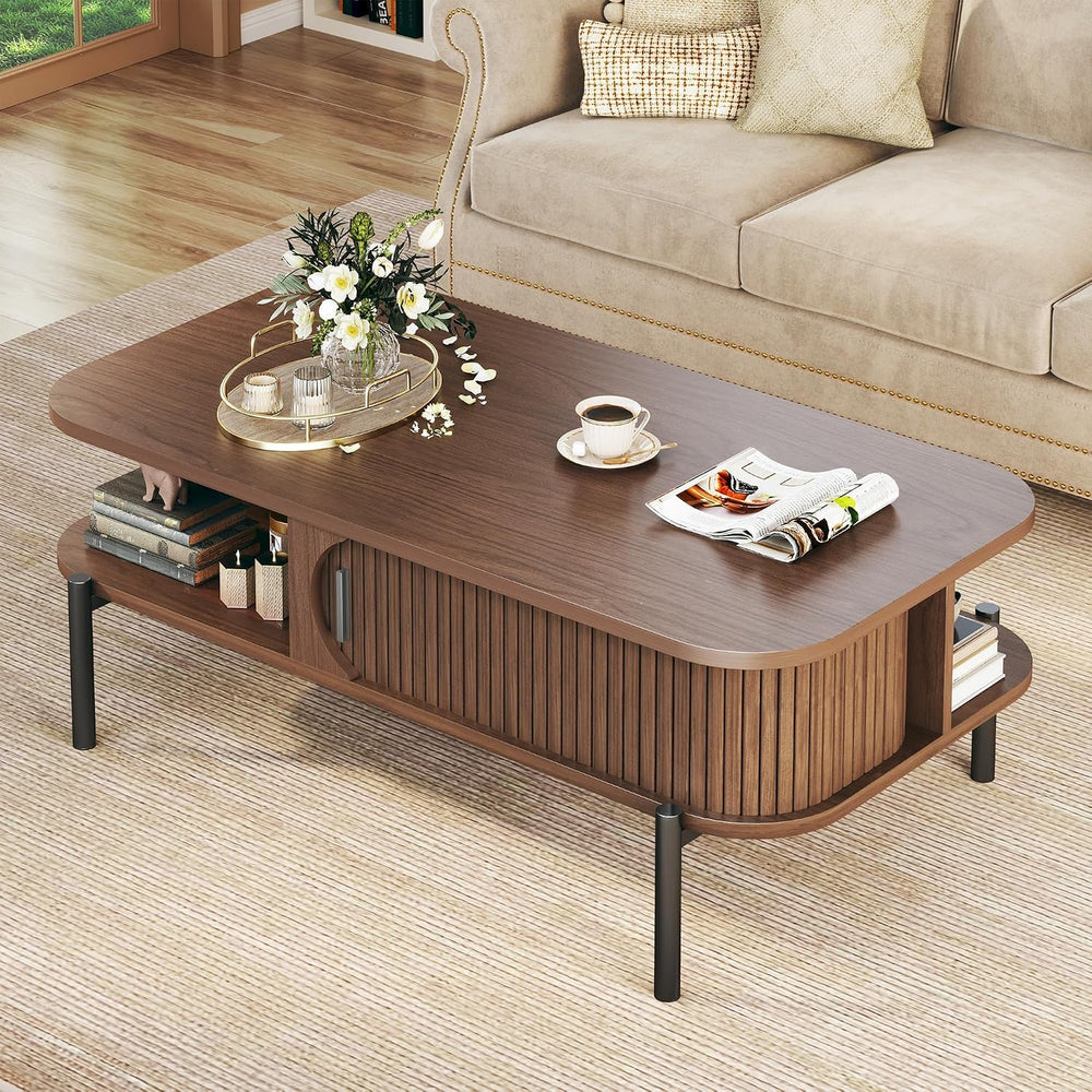 Coffee Table, 39.4" Fluted Coffee Table for Living Room, Mid Century Mod...