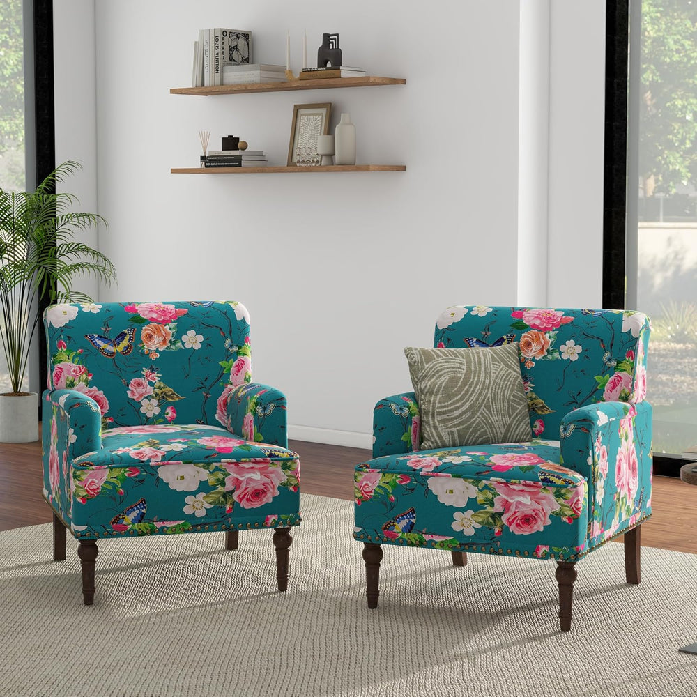 Floral Accent Chairs Set of 2, Fabric Upholstered Armchair