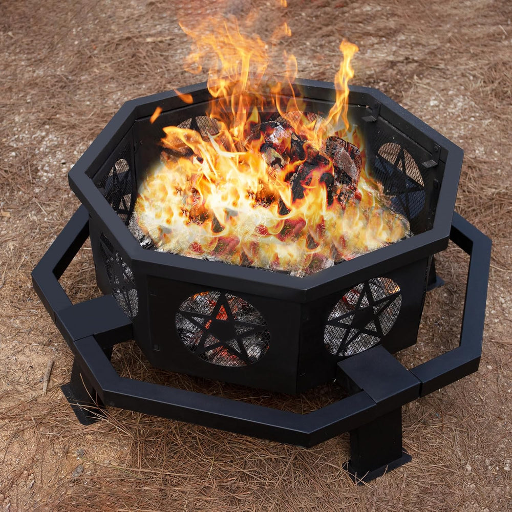 Verdelxue 35 Inch Octagonal Fire Pit with Cooking Grill Wood Burning Black