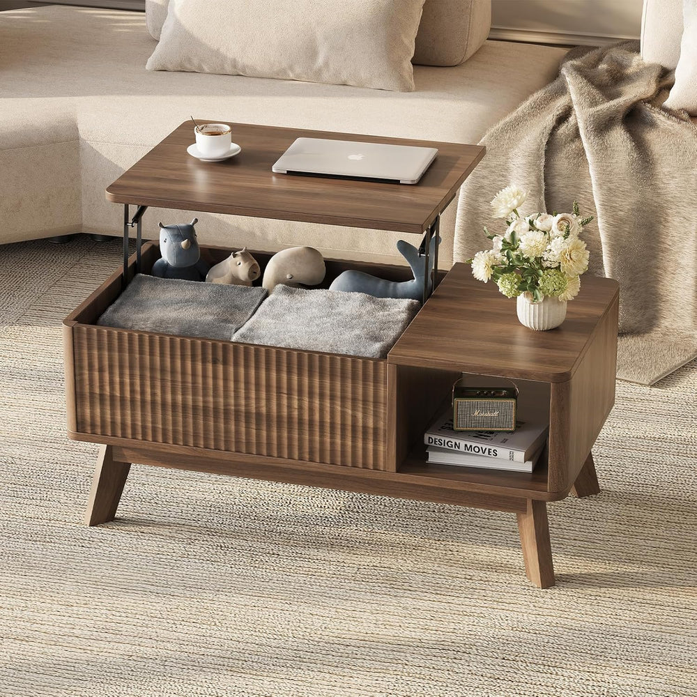 Lift Top Coffee Table, Fluted Hidden Storage Table for Living Room, Walnut