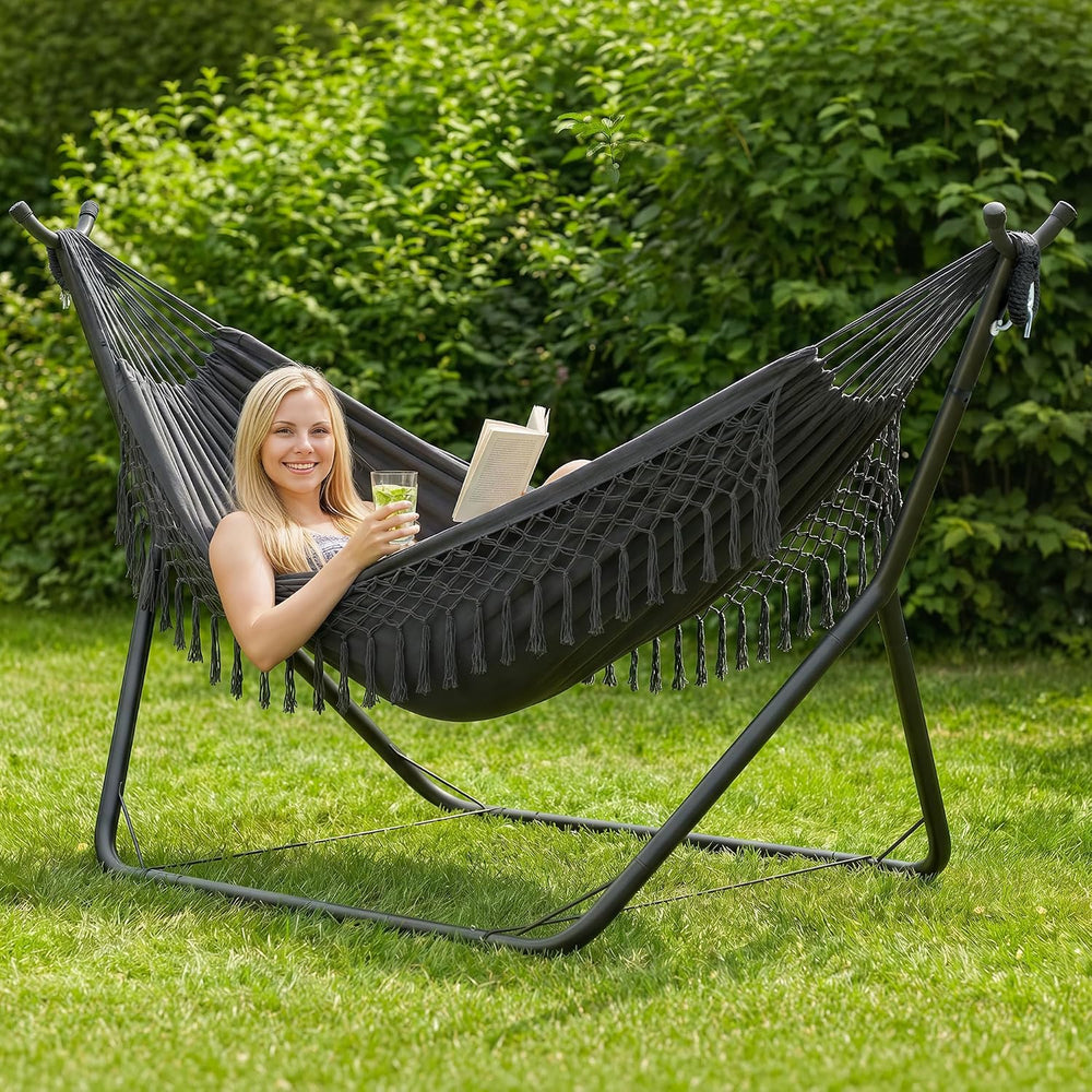 ANOW Outdoor Space Saving Hammock with Stand, Dark Gray with Tassels