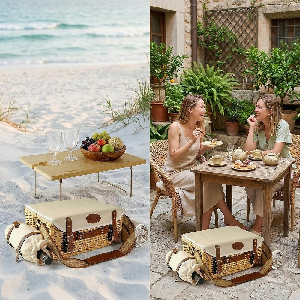 Multifunctional Wicker Picnic Basket Set for 2 Adults with Picnic Table and B...