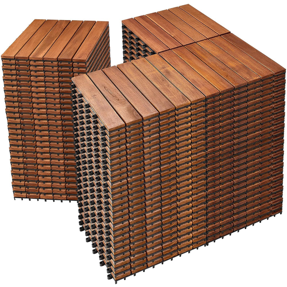 PrimeZone 108 PCS Solid Acacia Wood Interlocking Deck Tiles, Natural Wood