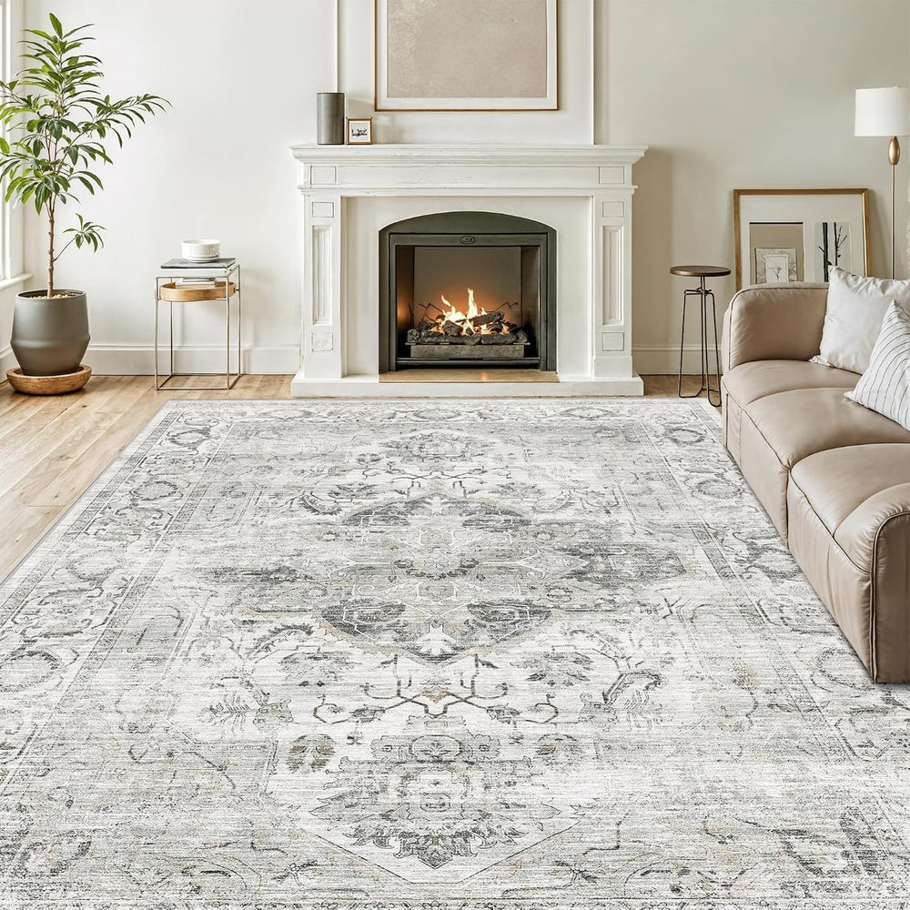 Washable 8x10 Area Rugs, Non Slip Living Room Rug Ivory/Gray