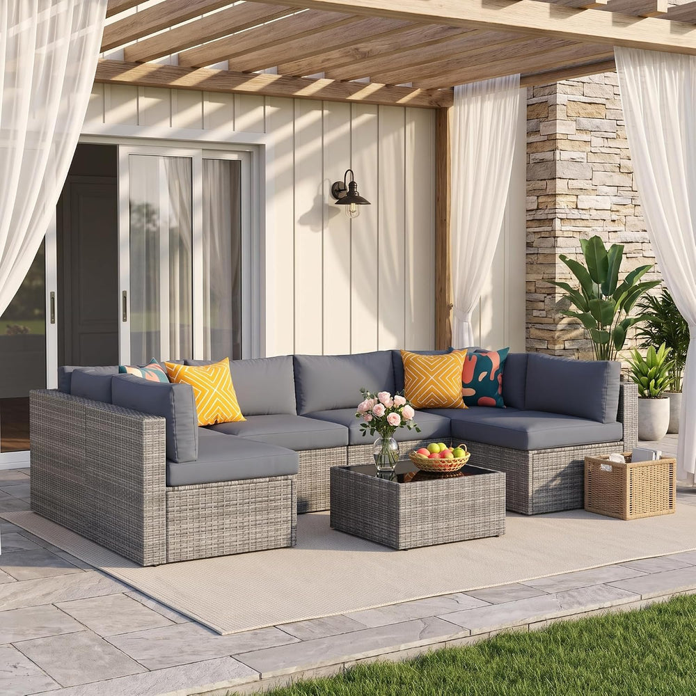Wisteria Lane 7 Pieces Wicker Patio Furniture Set, All-Weather Patio Sectiona...