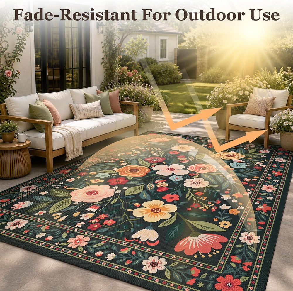 PADOOR Outdoor Rug 5x7 ft, Floral Washable Indoor Outdoor Area Rug, Flat‑Wove...