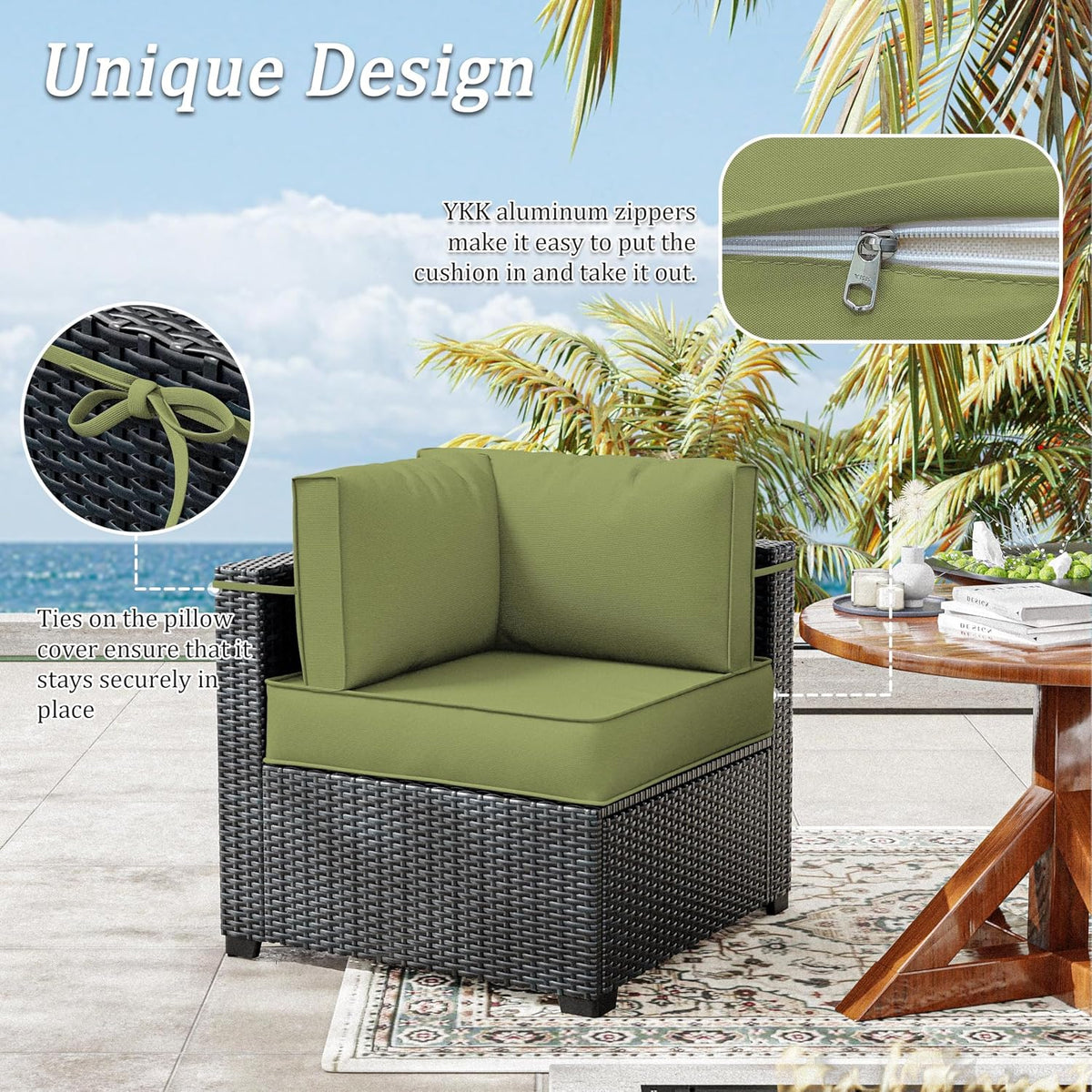outdoor patio cushion covers, replaceable waterproof furniture covers shown in use