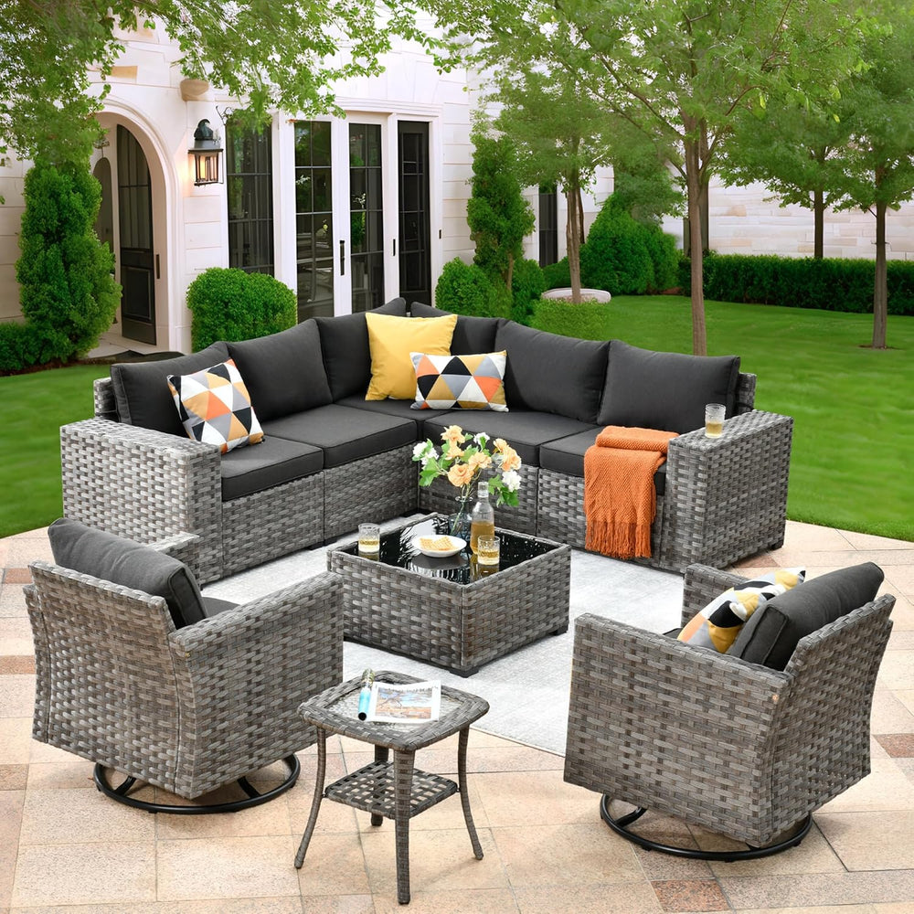 ovios 9 Pieces Patio Furniture Set, Outdoor Wicker Sectional Sofa Couch with ...