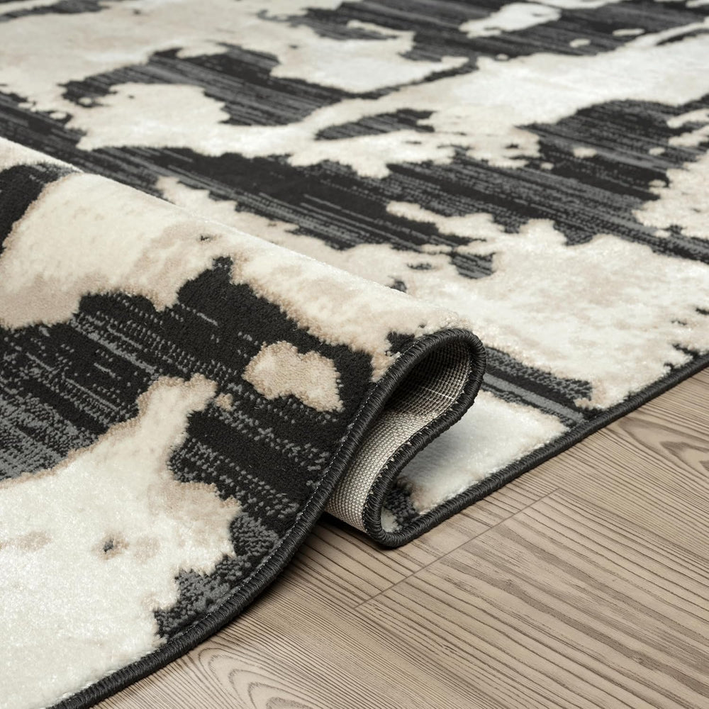 Abani Black and Cream Area Rug | 5' x 8' Tan and Beige Abstract Patte...
