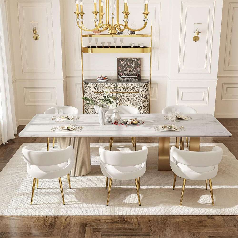 Hyfirm White and Gold Dining Chairs Set of 6, Upholstered Velvet Barrel Dinin...