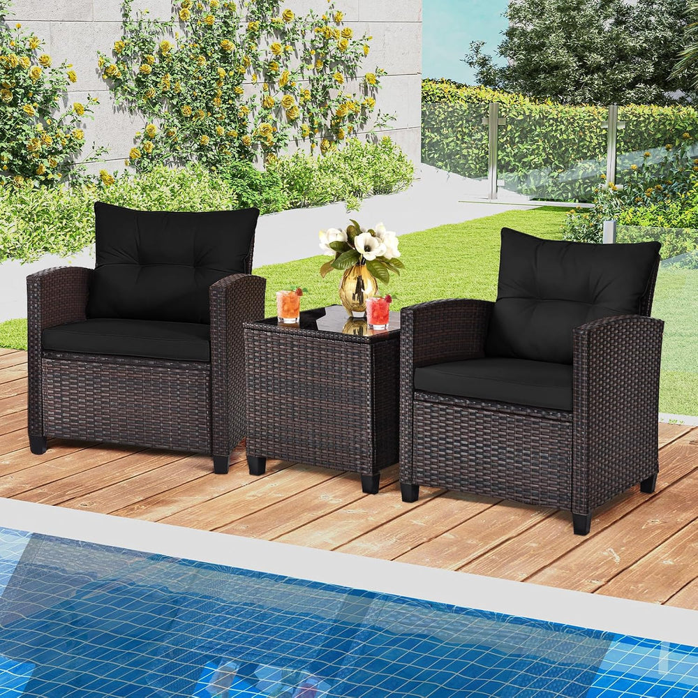 ORALNER 3 Pieces Patio Furniture Set, Outdoor Wicker Bistro Set (Black)