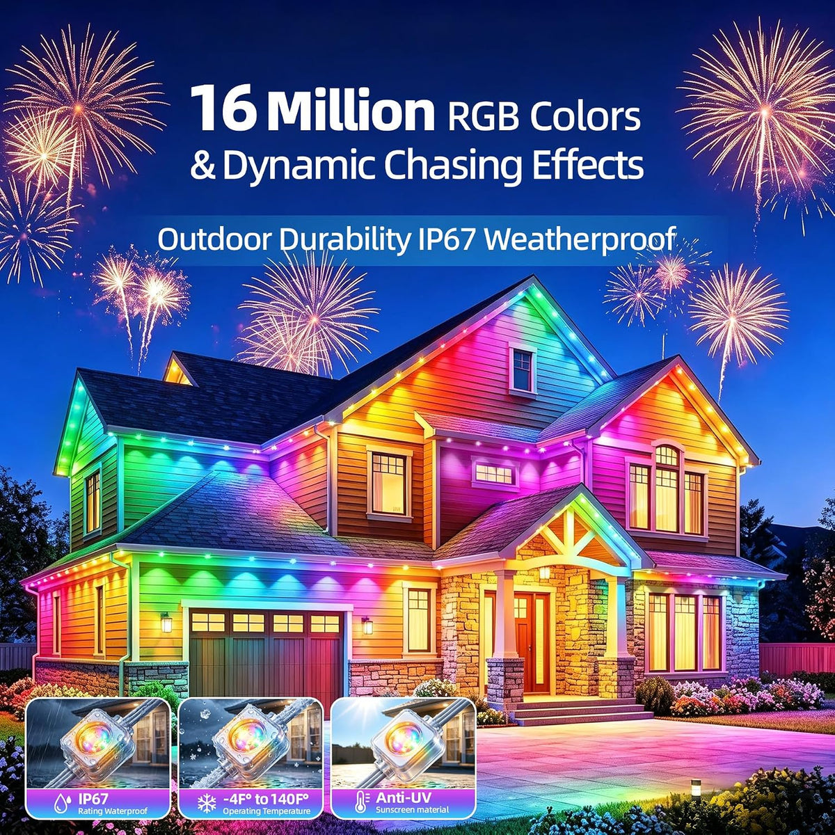 Permanent Outdoor Lights 150ft RGB+IC Outdoor String Lights App&Voice Control,IP67 Waterproof,100 Scene Modes Decoration for Home Christmas,Halloween,Holiday Decor,Timer Function