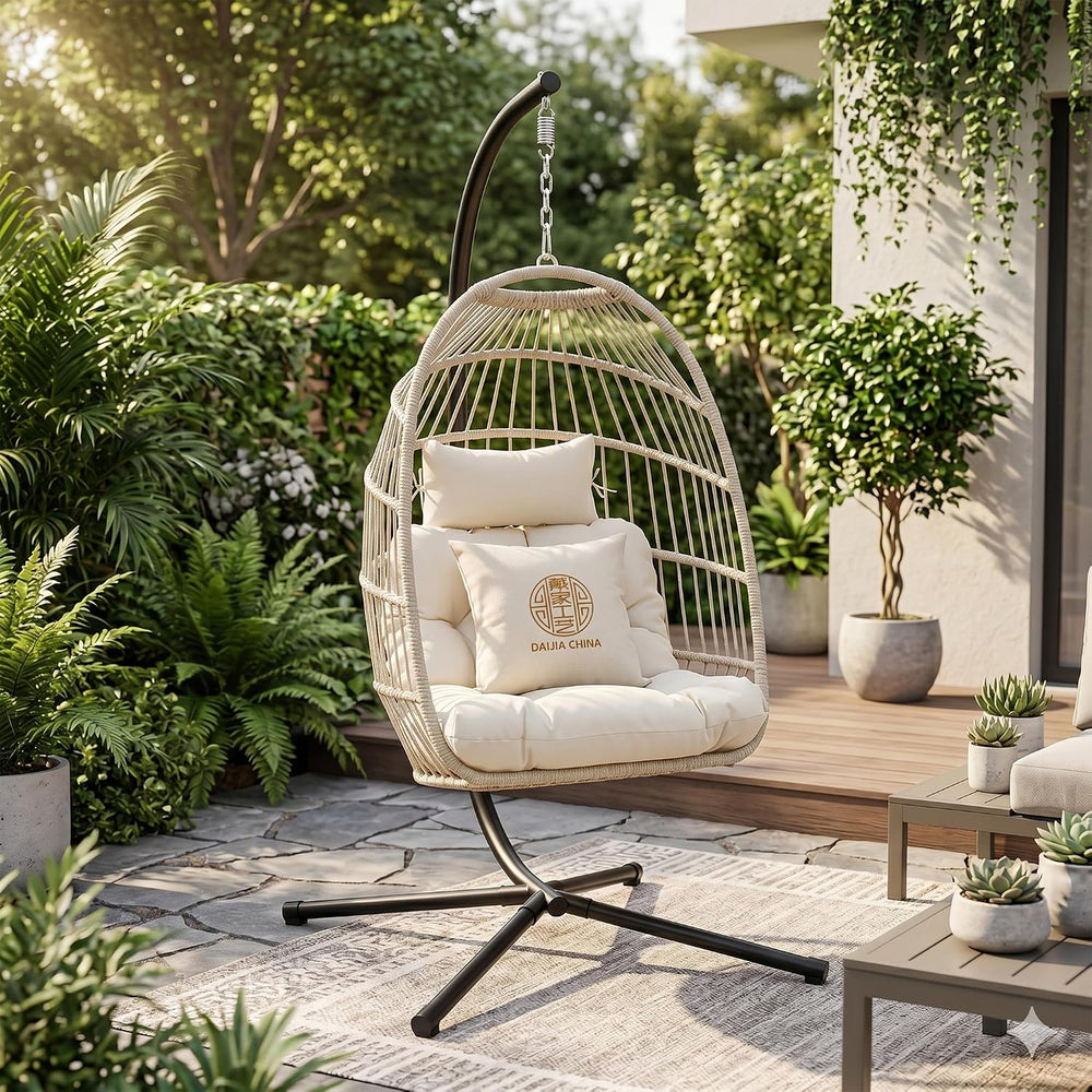 Foldable Hanging Egg Chair with Stand, HDPE Rattan and Heavy Duty Aluminum-St...