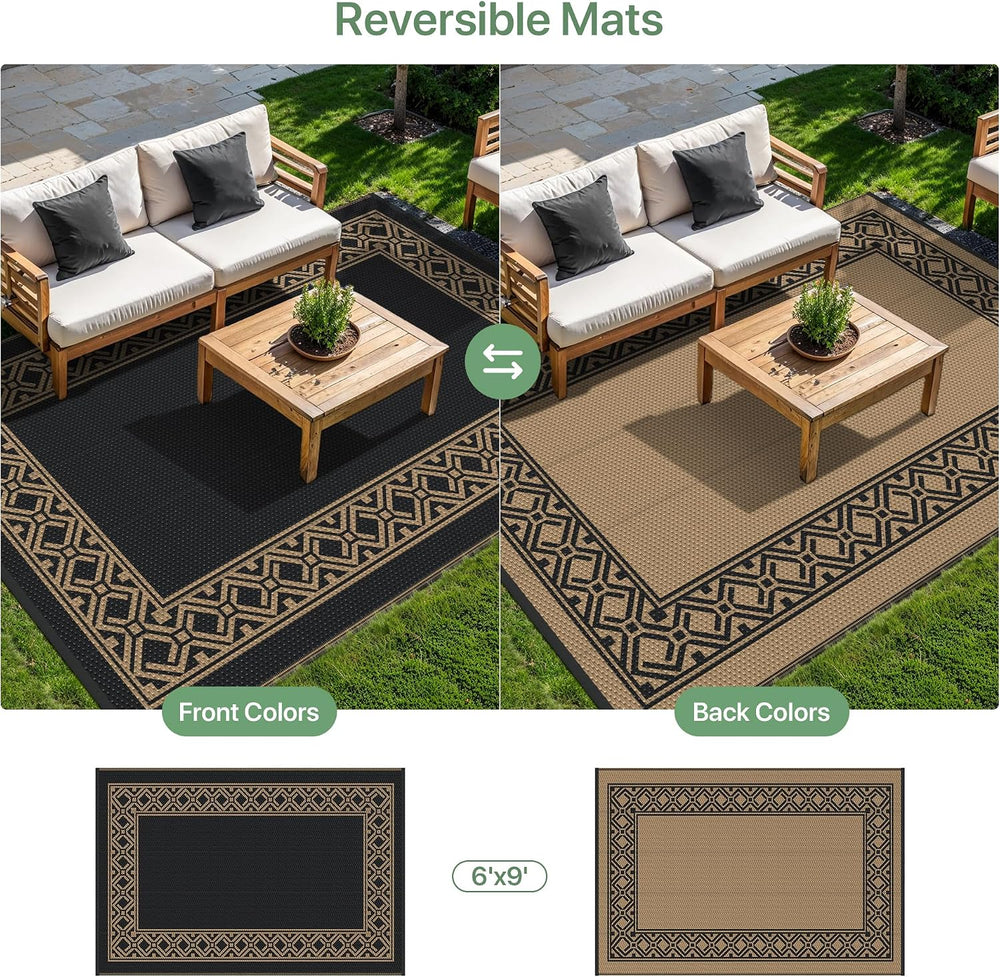 GENIMO Outdoor Rug, Waterproof Plastic Rugs for Patio, 6'x9' Black Brown