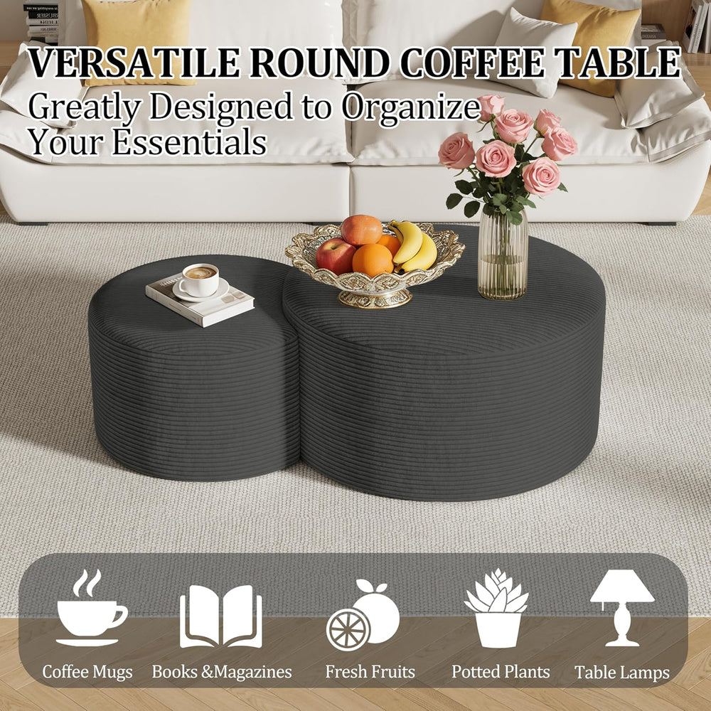 Round Nesting Coffee Table Set of 2,Upholstered Foam Ottoman Footrest Side Ta...