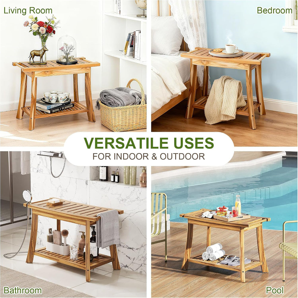 24" Teak Shower Bench with Handles & Towel Shelf
