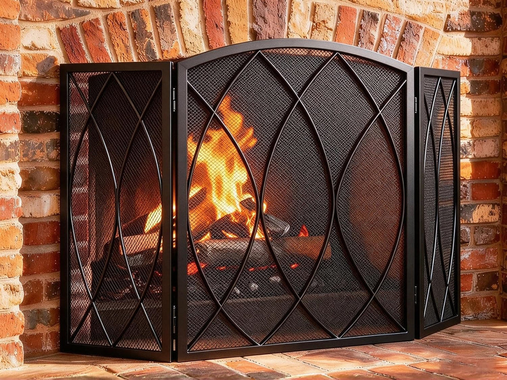 FEED GARDEN 3-Panel Fireplace Screen 48"W x 29.5"H Wrought Iron Spa...