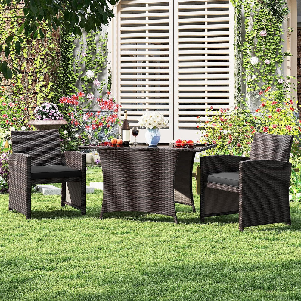 HAPPYGRILL 3 Pieces Patio Wicker Dining Set, Balcony Furniture Set w/Tempered...