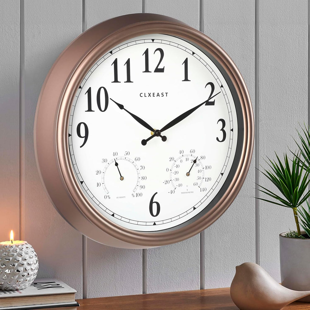CLXEAST 16" Outdoor Clocks Waterproof with Temperature & Humidity,Brown