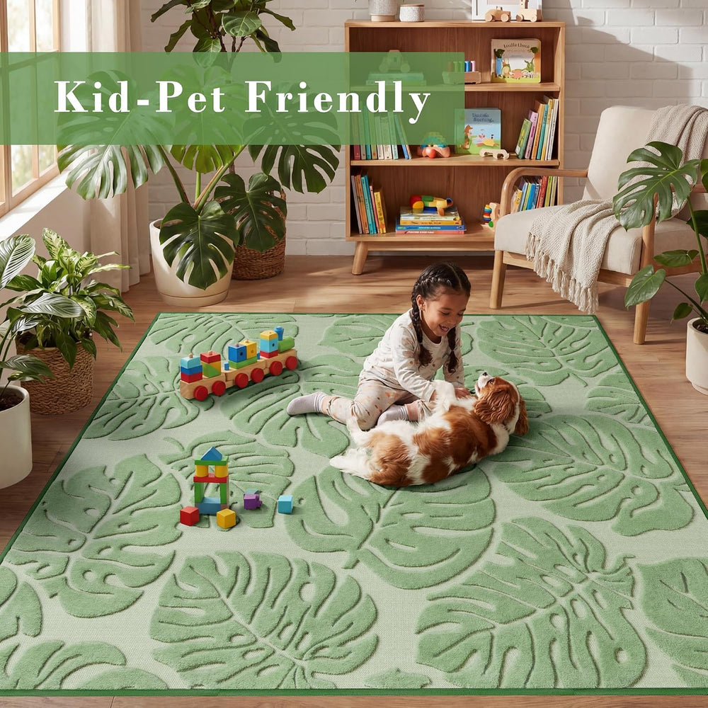Sage Green Monstera 8x10 Area Rugs High-Low Plush Pile Washable