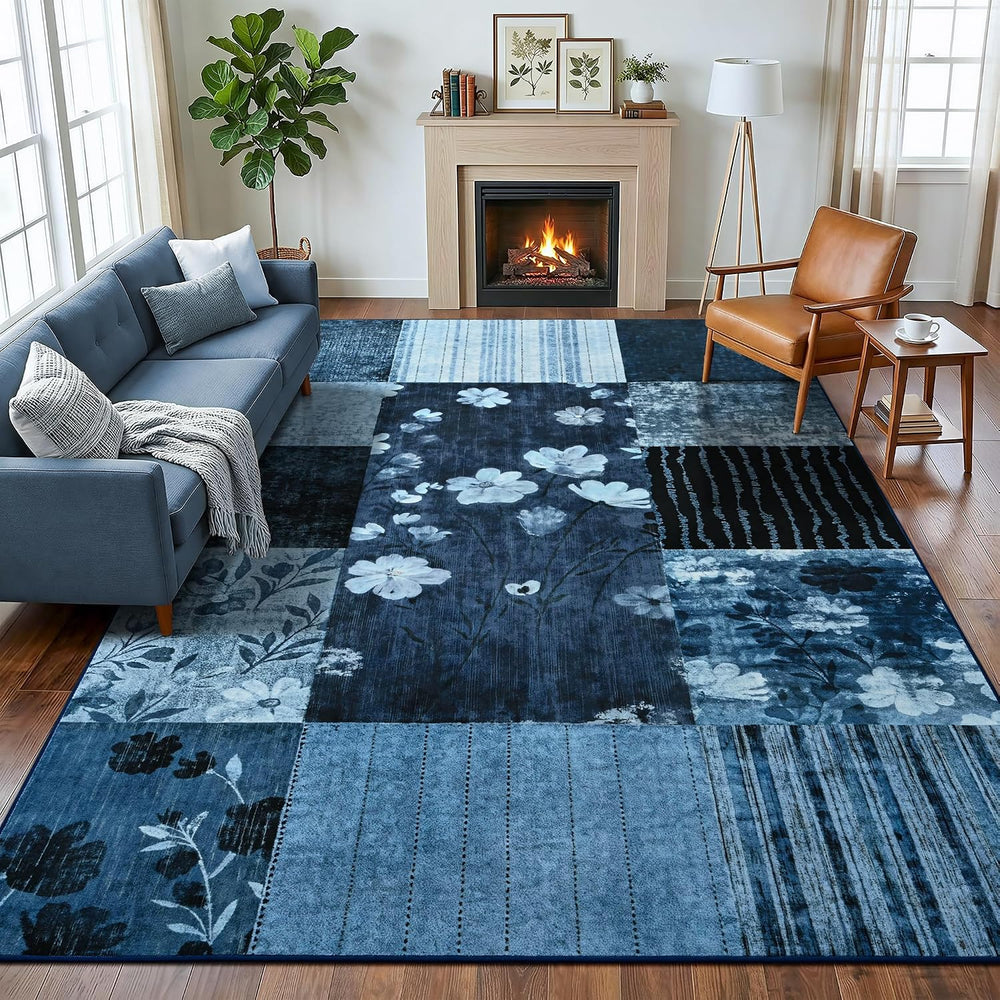8'x10' Blue Floral Geometric Patchwork Area Rug