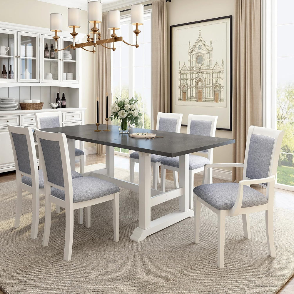 Farmhouse Rustic 7-Piece Dining Table Set, Solid Wood Extendable Trestle Dini...