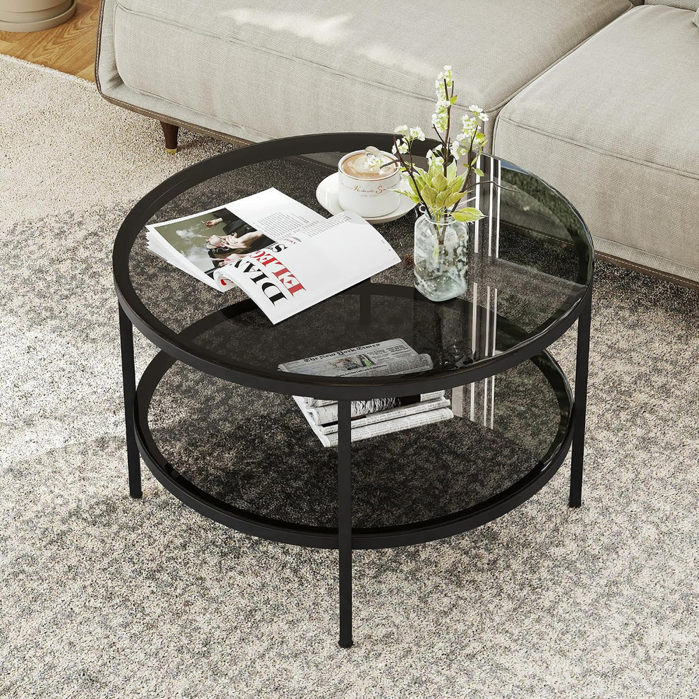 Yusong Round Glass Coffee Tables for Living Room, 2-Tier Circle Coffee Table ...