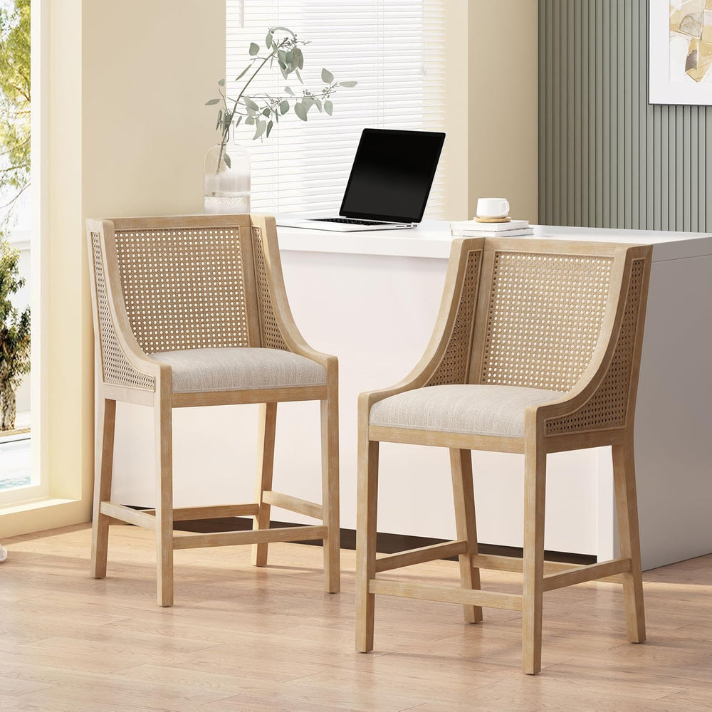 Merax 25.5" Fabric Upholstered Wood and Cane Counter Stools with Backres...