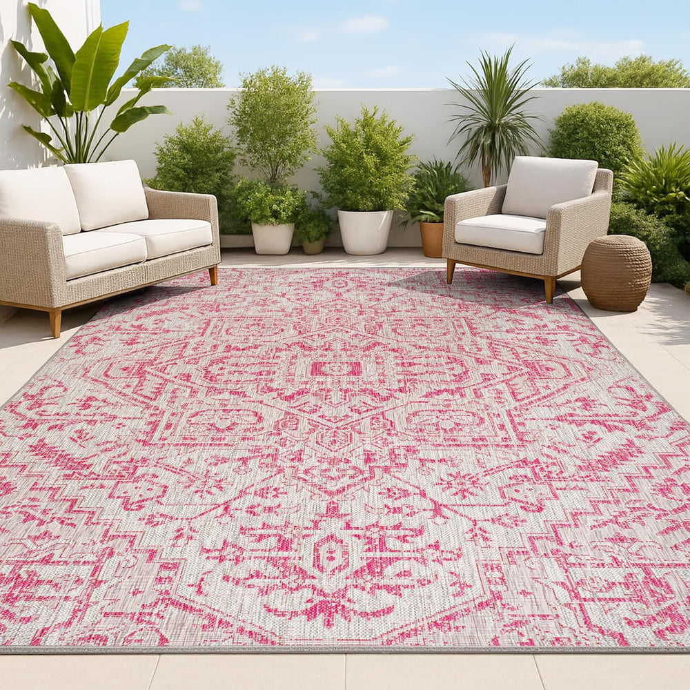 JONATHAN Y Boho Medallion Indoor Outdoor Area Rug 4X6 Light Gray/Fuchsia, Est...