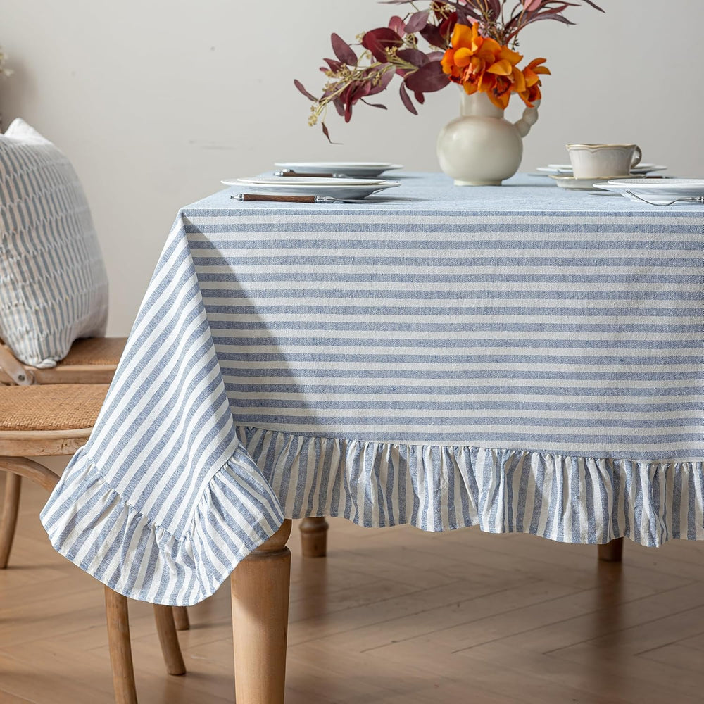 Striped Cotton Blend Tablecloth 60" × 120" Ruffled Table Cloth Wash...