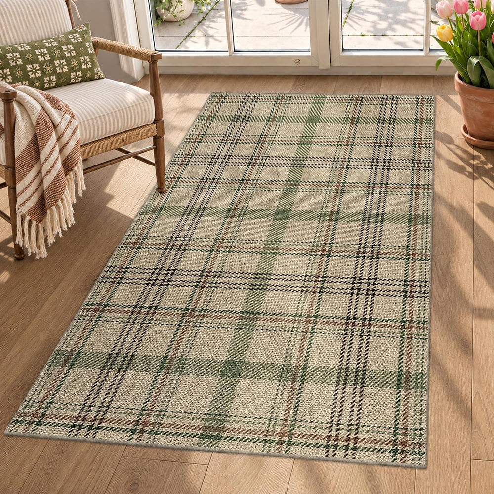 JTJ Easy Jute 3x5 Outdoor Rug, Sage Green Plaid Washable Farmhouse Area Rug