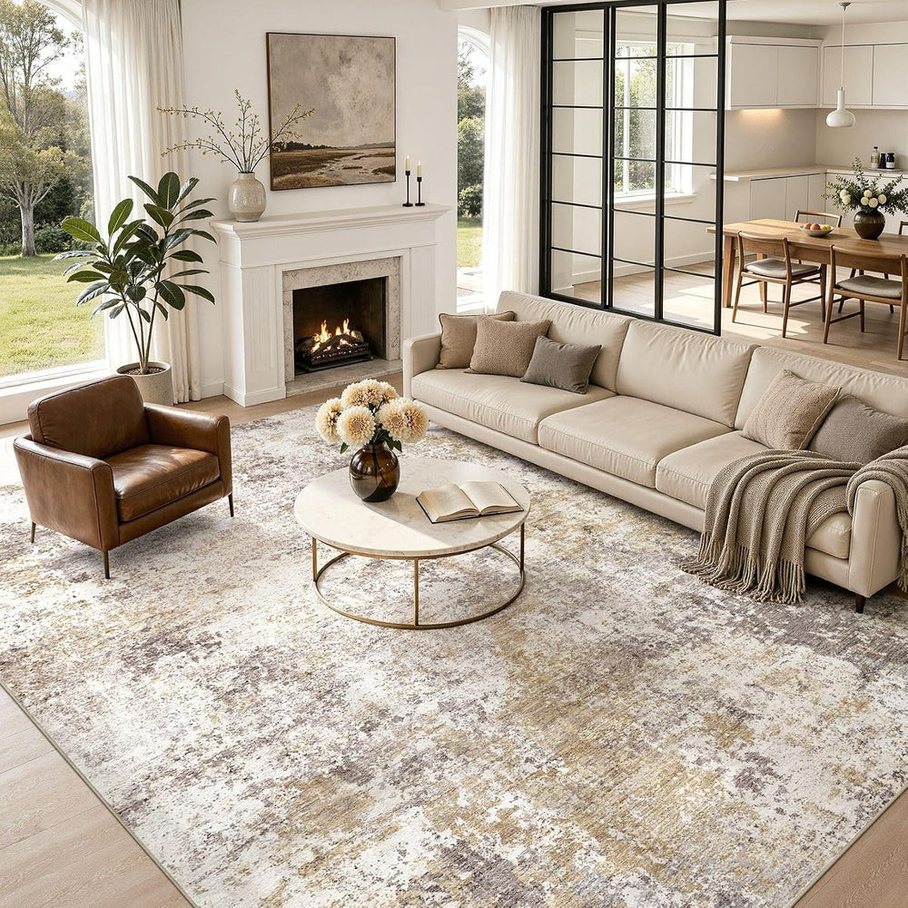 Nakagishi 9X12 Abstract Washable Area Rugs for Living Room-Golden Brown