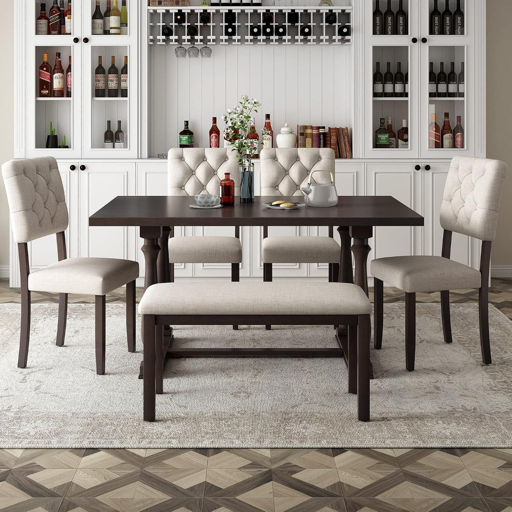 Merax 6 Pieces Dining Table Chair Set with Bench, Rectangle 4 Upholstered Cha...