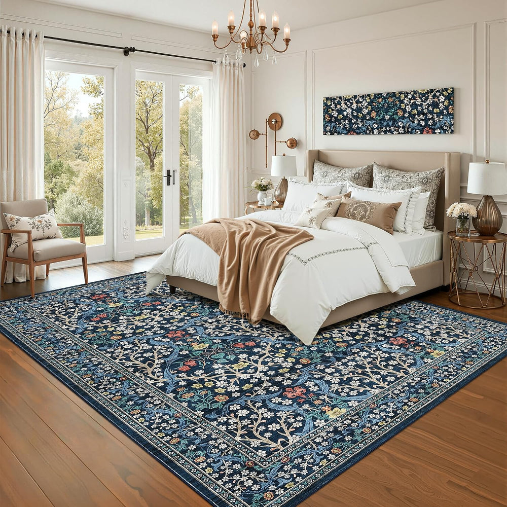 GarveeHome Blue Floral 5x7 Washable Area Rug for Living Room Bedroom