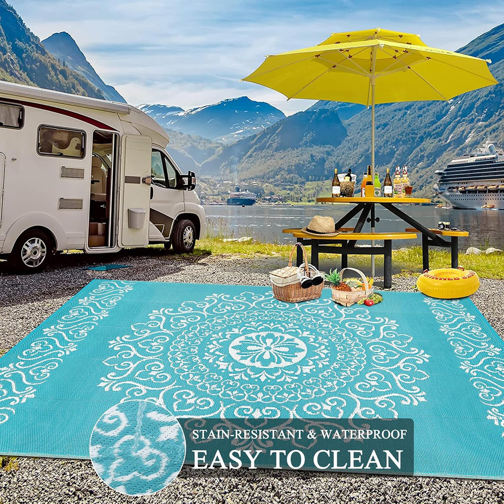 Pauwer Outdoor Rug 9x12, Waterproof Plastic Straw Camping Rug, Floral Teal