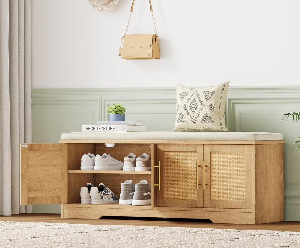 Rattan Shoe Storage Bench, 47.2" Wide Entryway Bench, Natural Oak