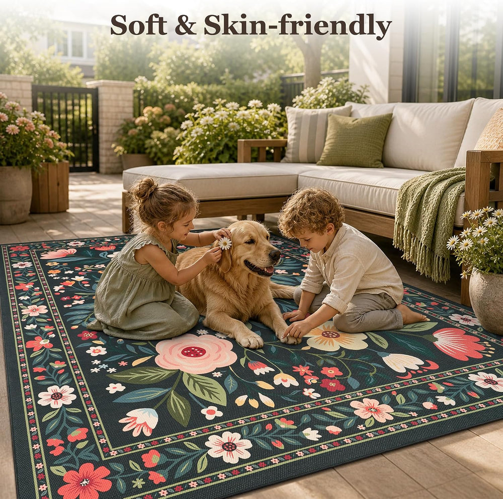 PADOOR Outdoor Rug 5x7 ft, Floral Washable Indoor Outdoor Area Rug, Flat‑Wove...