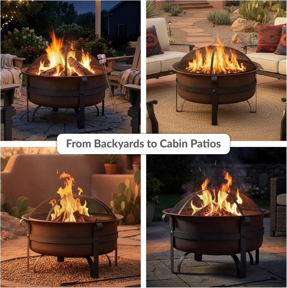 Sunnydaze Round Patio Fire Pit for Outside Wood Burning, Dark Bronze, 29"