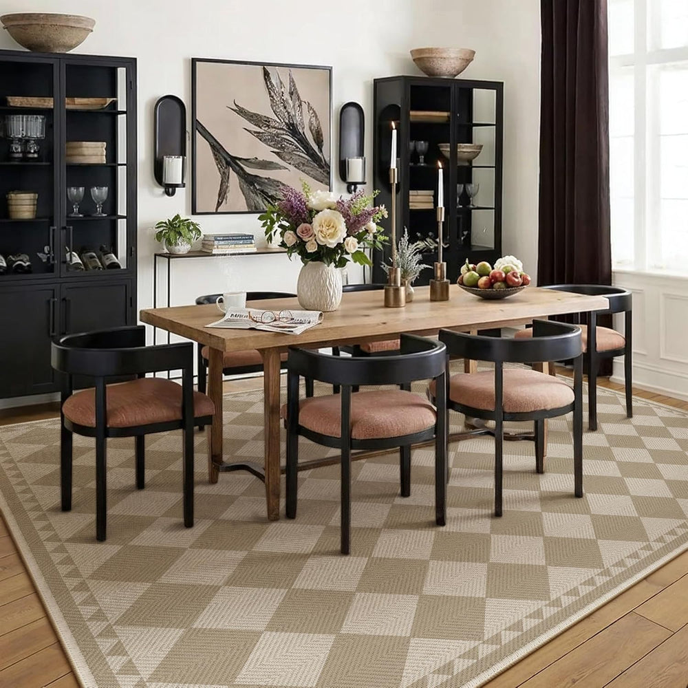 HUGEAR 8x10 Indoor Outdoor Rug Beige Brown Checkered Area Rugs for Living Room