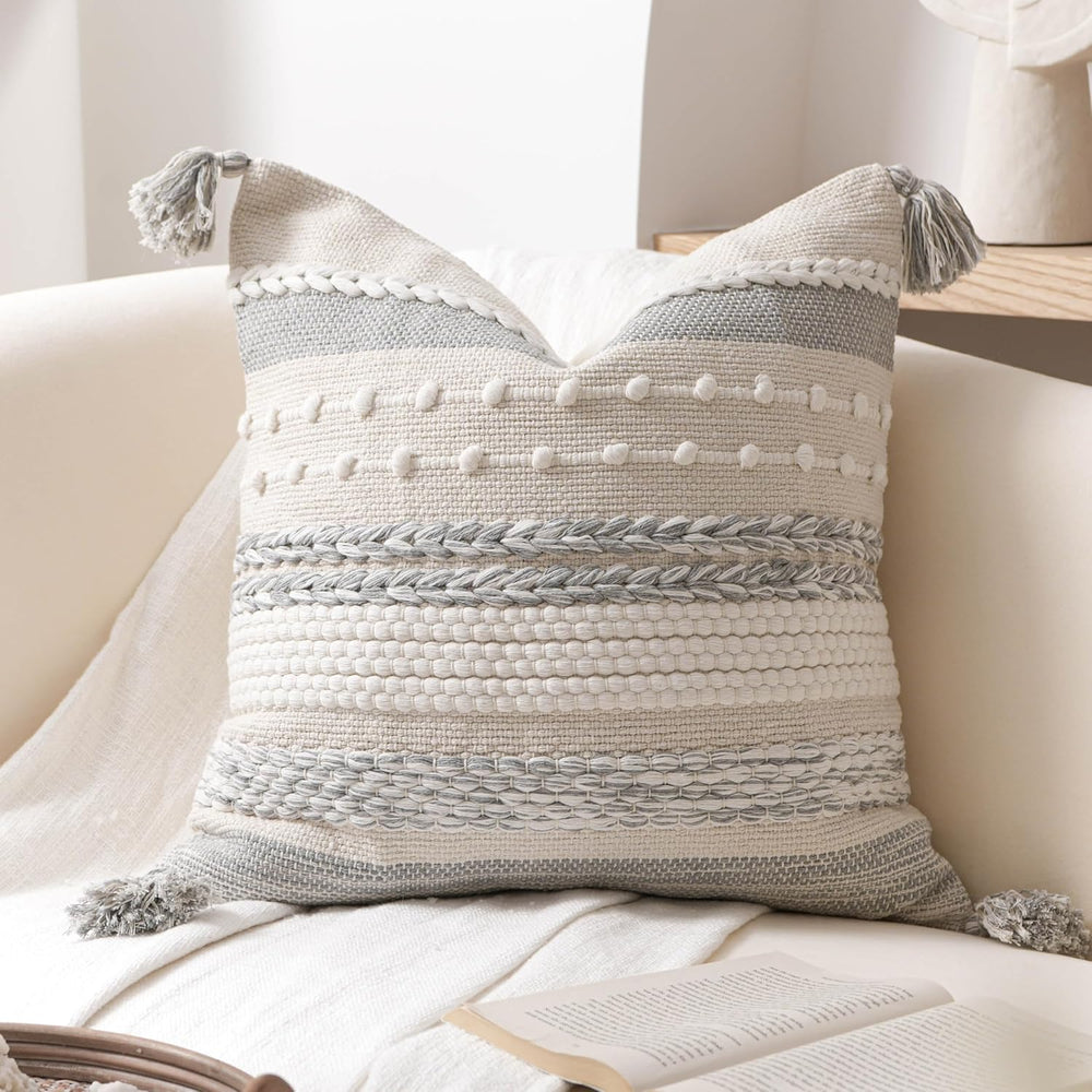 BlissBlush Gray Boho Decorative Throw Pillow Cover 20x20 Square Farmhouse Acc...
