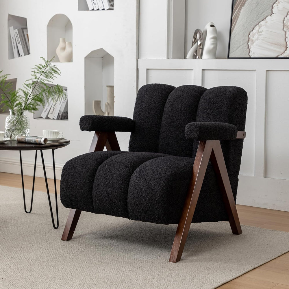 Mid Century Modern Accent Chair with Solid Wood Frame, Boucle Upholstered Liv...