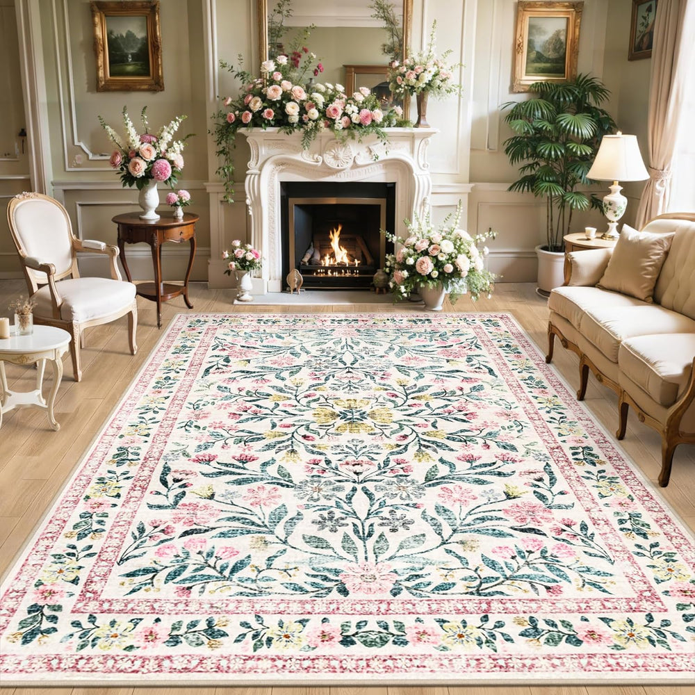 PLHXFR 8x10 Area Rug Living Room: Floral Washable Boho Carpet Pink Green