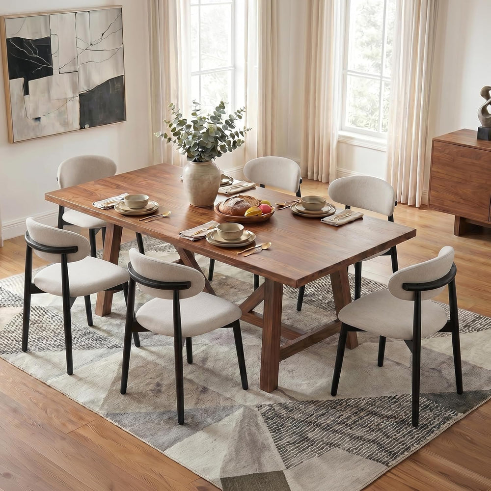 Farmhouse Dining Chairs Set of 4, Mid Century Modern Wooden Linen Fabric Upho...